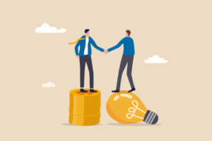 Illustration of two businesspeople standing on coins shaking hands after making a VC financing deal