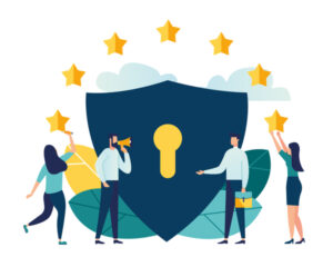 Illustration of European data privacy laws with EU flag stars floating above a lock with businesspeople shaking hands in front and people hanging the stars either side of the visual
