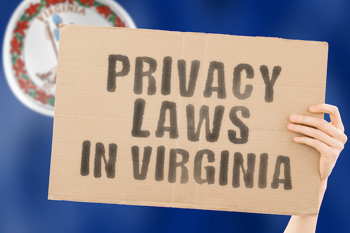 The phrase Privacy Laws in Virginia (referring to the CDPA) on a cardboard poster in front of the Virginia state flag