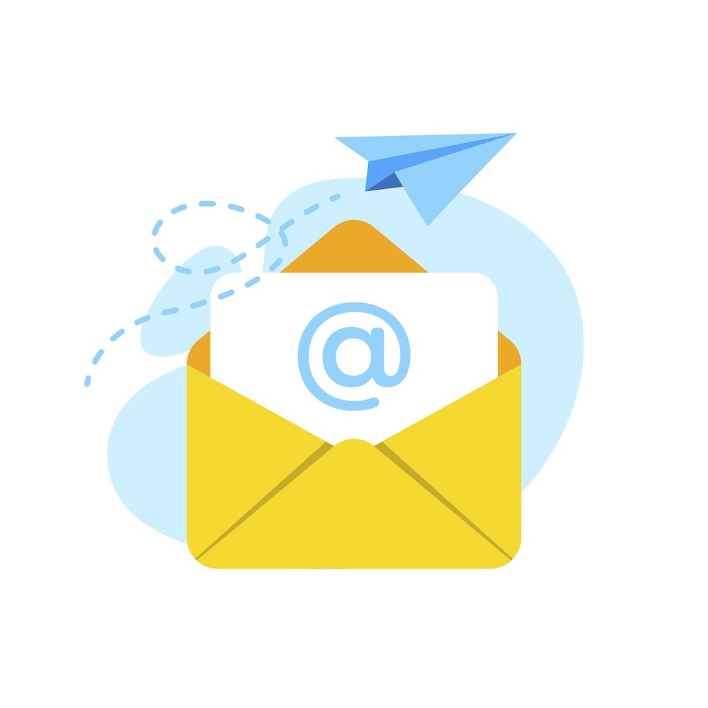 Illustration of yellow envelope with an at symbol on a piece of paper inside it and a paper plane being flown into the background, illustrating email marketing compliance