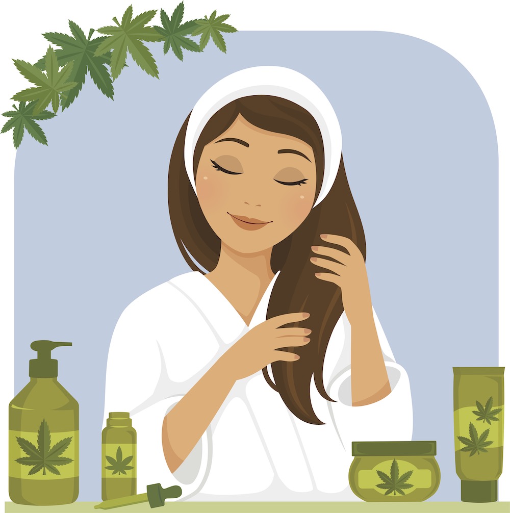 Illustration of a woman in a white bathrobe with hemp in California cosmetics