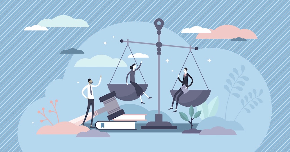 Vector image demonstrating the balance of seeking advice from attorneys vs keeping legal fees in check. The image portrays two business people on a set of legal scales in front of a blue background with pink and white clouds. There is an attorney standing in front of the scales with a gavel and some legal books.