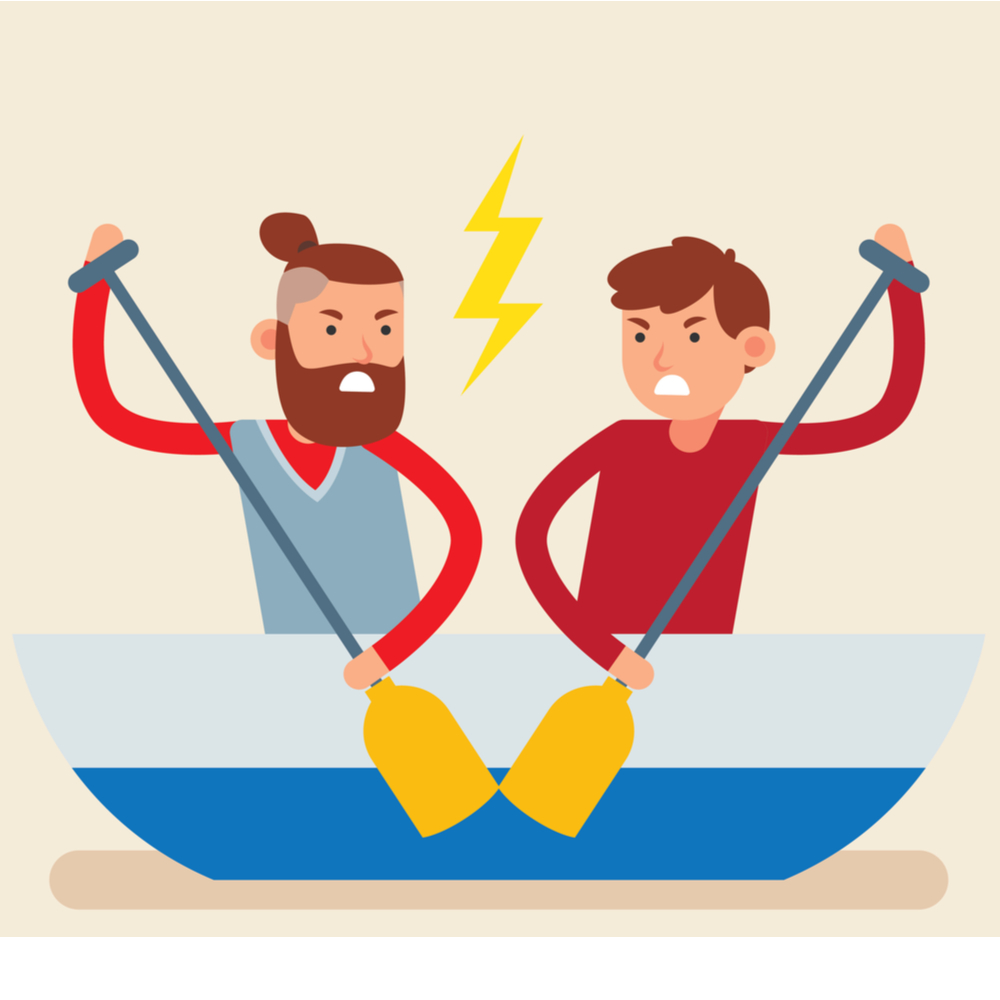 Illustration of two founders in a boat rowing in different directions with a lightening bolt between them and angry faces, demonstrating the importance of resolving founder deadlocks