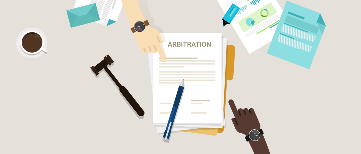 Illustration of an employer and an employee pointing to an arbitration clause in employment contracts with a cup of coffee, gavel and other documents also on the table.