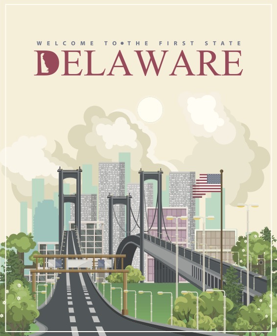 Illustration of Delaware bridge and city with trees around.