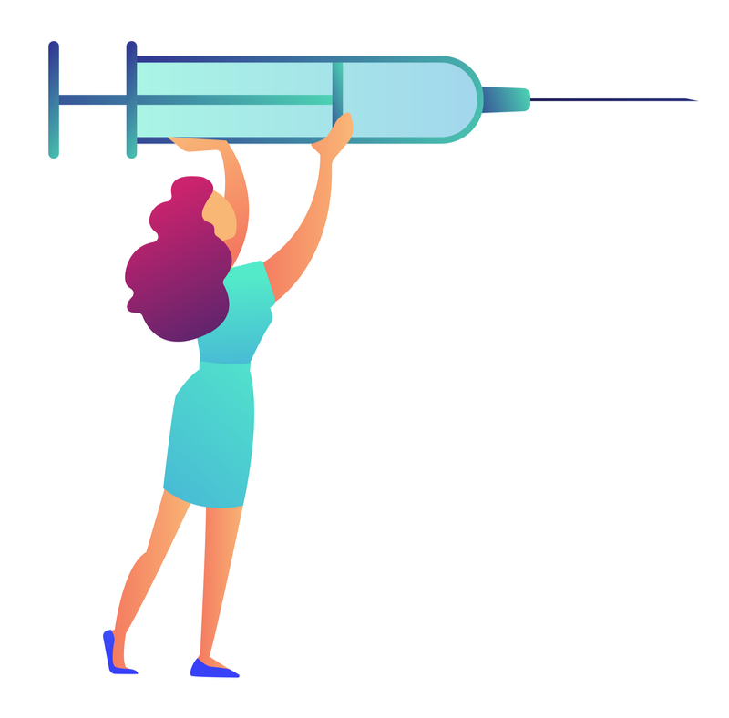 Cartoon illustration of a nurse holding up an enormous needle highlighting the challenges posed by vaccine mandates as well as other pandemic-related compliance challenges.