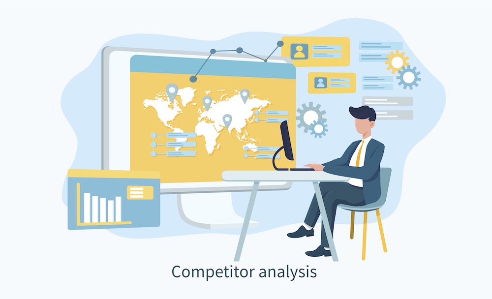 Illustration of business person conducting competitor analysis using a computer and a world map