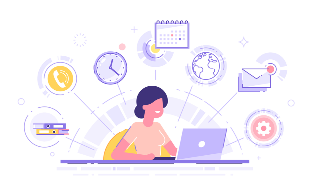 Concept illustration of a smiling worker in front of a computer working to increase workplace productivity humanely, demonstrated by icons of all her tasks floating around her head.