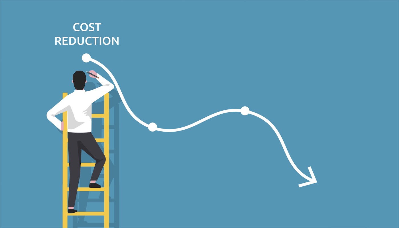 Illustration of a business person on a ladder under the text cost reduction with an arrow point downwards from there.