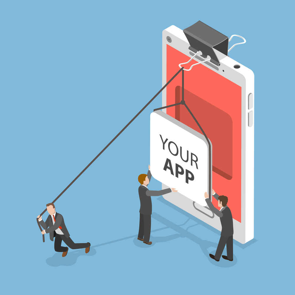 Illustration of three characters in suits hoisting a sign saying 'your app' onto a vertical mobile phone as a concept image for mobile app privacy
