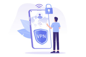 Illustration of independent contractor using a mobile phone with a VPN for cybersecurity
