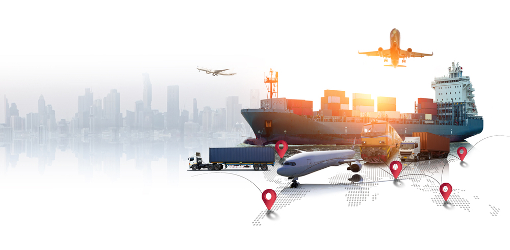 A large city silhouette in the background with an airplane flying into the midground and a container ship trucks and plane in the foreground as a concept for global logistics and moving production.