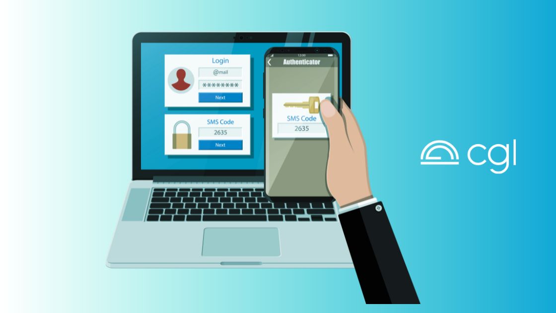 An illustration of multifactor authentication showing a hand holding a phone with an SMS code on the screen and a computer showing MFA login